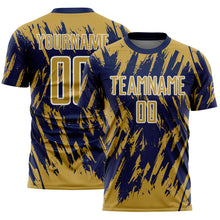 Laden Sie das Bild in den Galerie-Viewer, Custom Navy Old Gold-White Splatter Torn Sharp Brush Stroke Sublimation Soccer Uniform Jersey