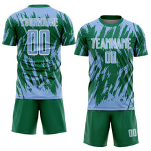 Load image into Gallery viewer, Custom Kelly Green Light Blue-White Splatter Torn Sharp Brush Stroke Sublimation Soccer Uniform Jersey