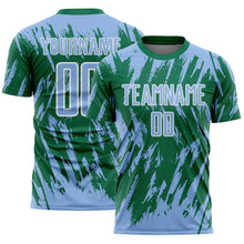 Load image into Gallery viewer, Custom Kelly Green Light Blue-White Splatter Torn Sharp Brush Stroke Sublimation Soccer Uniform Jersey