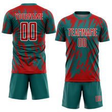 Загрузить изображение в средство просмотра галереи, Custom Teal Red-White Splatter Torn Sharp Brush Stroke Sublimation Soccer Uniform Jersey