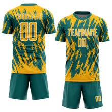 Загрузить изображение в средство просмотра галереи, Custom Teal Gold-White Splatter Torn Sharp Brush Stroke Sublimation Soccer Uniform Jersey