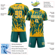 Загрузить изображение в средство просмотра галереи, Custom Teal Gold-White Splatter Torn Sharp Brush Stroke Sublimation Soccer Uniform Jersey