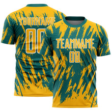 Загрузить изображение в средство просмотра галереи, Custom Teal Gold-White Splatter Torn Sharp Brush Stroke Sublimation Soccer Uniform Jersey