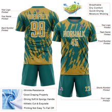 Load image into Gallery viewer, Custom Teal Old Gold-White Splatter Torn Sharp Brush Stroke Sublimation Soccer Uniform Jersey