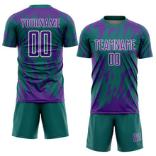 Load image into Gallery viewer, Custom Teal Purple-White Splatter Torn Sharp Brush Stroke Sublimation Soccer Uniform Jersey