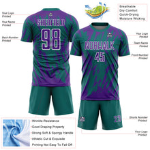 Load image into Gallery viewer, Custom Teal Purple-White Splatter Torn Sharp Brush Stroke Sublimation Soccer Uniform Jersey