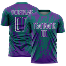 Load image into Gallery viewer, Custom Teal Purple-White Splatter Torn Sharp Brush Stroke Sublimation Soccer Uniform Jersey