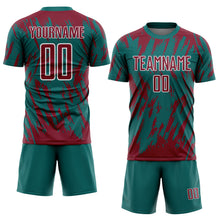 Charger l'image dans la galerie, Custom Teal Crimson-White Splatter Torn Sharp Brush Stroke Sublimation Soccer Uniform Jersey