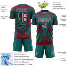 Charger l'image dans la galerie, Custom Teal Crimson-White Splatter Torn Sharp Brush Stroke Sublimation Soccer Uniform Jersey