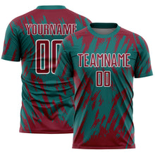 Charger l'image dans la galerie, Custom Teal Crimson-White Splatter Torn Sharp Brush Stroke Sublimation Soccer Uniform Jersey