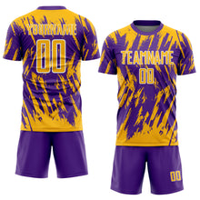 Load image into Gallery viewer, Custom Purple Gold-White Splatter Torn Sharp Brush Stroke Sublimation Soccer Uniform Jersey