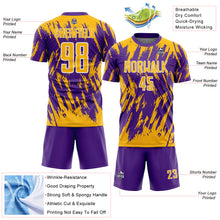 Load image into Gallery viewer, Custom Purple Gold-White Splatter Torn Sharp Brush Stroke Sublimation Soccer Uniform Jersey