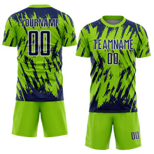 Загрузить изображение в средство просмотра галереи, Custom Neon Green Navy-White Splatter Torn Sharp Brush Stroke Sublimation Soccer Uniform Jersey