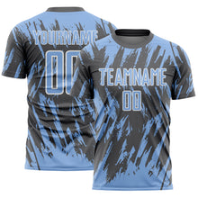 Laden Sie das Bild in den Galerie-Viewer, Custom Steel Gray Light Blue-White Splatter Torn Sharp Brush Stroke Sublimation Soccer Uniform Jersey