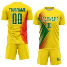 Laden Sie das Bild in den Galerie-Viewer, Custom Light Yellow Kelly Green Red-White Brasil Abstract Geometric Sublimation Soccer Uniform Jersey