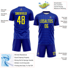 Laden Sie das Bild in den Galerie-Viewer, Custom Blue Light Yellow Brasil Digital Geometric Grid Sublimation Soccer Uniform Jersey