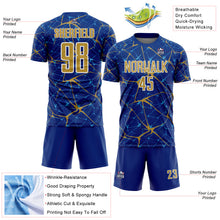 Laden Sie das Bild in den Galerie-Viewer, Custom Royal Old Gold-White Abstract Network Crackle Sublimation Soccer Uniform Jersey