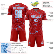 Laden Sie das Bild in den Galerie-Viewer, Custom Red Light Blue-White Abstract Network Crackle Sublimation Soccer Uniform Jersey