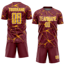 Laden Sie das Bild in den Galerie-Viewer, Custom Burgundy Gold-White Abstract Network Crackle Sublimation Soccer Uniform Jersey