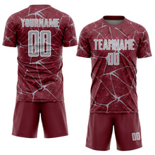 Загрузить изображение в средство просмотра галереи, Custom Burgundy Gray-White Abstract Network Crackle Sublimation Soccer Uniform Jersey