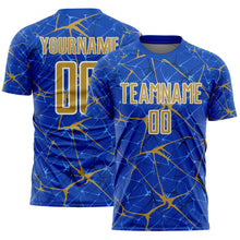 Load image into Gallery viewer, Custom Thunder Blue Old Gold-White Abstract Network Crackle Sublimation Soccer Uniform Jersey