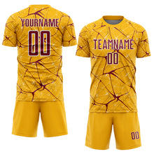Load image into Gallery viewer, Custom Gold Crimson-White Abstract Network Crackle Sublimation Soccer Uniform Jersey