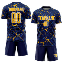 Laden Sie das Bild in den Galerie-Viewer, Custom Navy Gold-White Abstract Network Crackle Sublimation Soccer Uniform Jersey