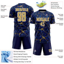 Laden Sie das Bild in den Galerie-Viewer, Custom Navy Old Gold-White Abstract Network Crackle Sublimation Soccer Uniform Jersey
