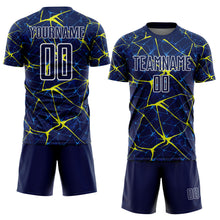 Load image into Gallery viewer, Custom Navy Neon Yellow-White Abstract Network Crackle Sublimation Soccer Uniform Jersey