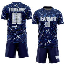 Charger l'image dans la galerie, Custom Navy Silver-White Abstract Network Crackle Sublimation Soccer Uniform Jersey
