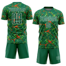 Laden Sie das Bild in den Galerie-Viewer, Custom Kelly Green Orange-White Abstract Network Crackle Sublimation Soccer Uniform Jersey