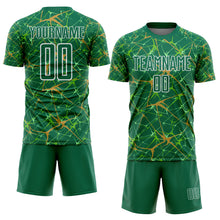 Laden Sie das Bild in den Galerie-Viewer, Custom Kelly Green Old Gold-White Abstract Network Crackle Sublimation Soccer Uniform Jersey