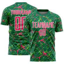 Laden Sie das Bild in den Galerie-Viewer, Custom Kelly Green Neon Pink-White Abstract Network Crackle Sublimation Soccer Uniform Jersey