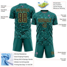 Load image into Gallery viewer, Custom Teal Black-Old Gold Abstract Network Crackle Sublimation Soccer Uniform Jersey