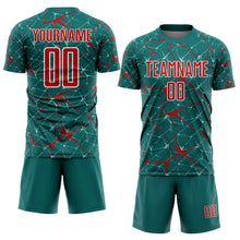 Load image into Gallery viewer, Custom Teal Red-White Abstract Network Crackle Sublimation Soccer Uniform Jersey