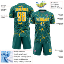 Загрузить изображение в средство просмотра галереи, Custom Teal Gold-White Abstract Network Crackle Sublimation Soccer Uniform Jersey
