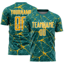 Загрузить изображение в средство просмотра галереи, Custom Teal Gold-White Abstract Network Crackle Sublimation Soccer Uniform Jersey