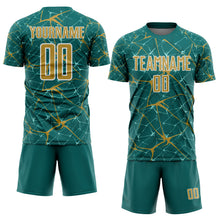 Load image into Gallery viewer, Custom Teal Old Gold-White Abstract Network Crackle Sublimation Soccer Uniform Jersey