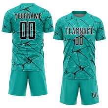 Laden Sie das Bild in den Galerie-Viewer, Custom Aqua Black-White Abstract Network Crackle Sublimation Soccer Uniform Jersey