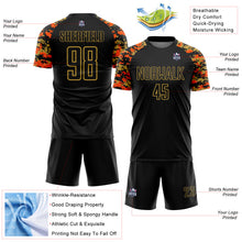 Load image into Gallery viewer, Custom Black Orange-Old Gold Digital Camo Raglan Sleeves Sublimation Soccer Uniform Jersey