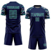 Load image into Gallery viewer, Custom Navy Teal-Gray Digital Camo Raglan Sleeves Sublimation Soccer Uniform Jersey