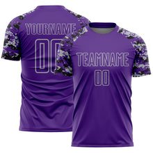 Laden Sie das Bild in den Galerie-Viewer, Custom Purple Black-Gray Digital Camo Raglan Sleeves Sublimation Soccer Uniform Jersey