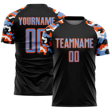 Загрузить изображение в средство просмотра галереи, Custom Black Powder Blue Orange-White Digital Camo Raglan Sleeves Sublimation Soccer Uniform Jersey