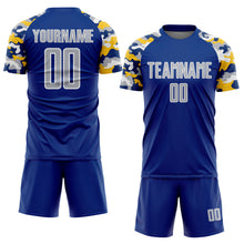 Load image into Gallery viewer, Custom Royal Gray Yellow-White Digital Camo Raglan Sleeves Sublimation Soccer Uniform Jersey