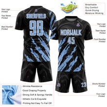 Load image into Gallery viewer, Custom Black Light Blue-White Brush Stroke Splatter Liquid Swirl Sublimation Soccer Uniform Jersey