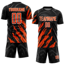 Charger l'image dans la galerie, Custom Black Orange-White Brush Stroke Splatter Liquid Swirl Sublimation Soccer Uniform Jersey