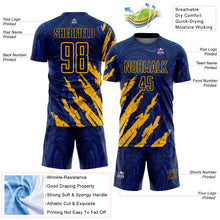 Load image into Gallery viewer, Custom Navy-Gold Brush Stroke Splatter Liquid Swirl Sublimation Soccer Uniform Jersey