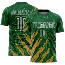 Load image into Gallery viewer, Custom Green Old Gold-White Brush Stroke Splatter Liquid Swirl Sublimation Soccer Uniform Jersey