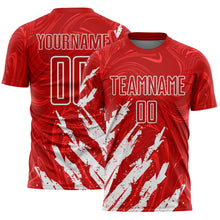 Load image into Gallery viewer, Custom Red-White Brush Stroke Splatter Liquid Swirl Sublimation Soccer Uniform Jersey