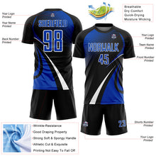 Load image into Gallery viewer, Custom Black Thunder Blue-White Halftone Dot Dynamic Curve Stripe Sublimation Soccer Uniform Jersey